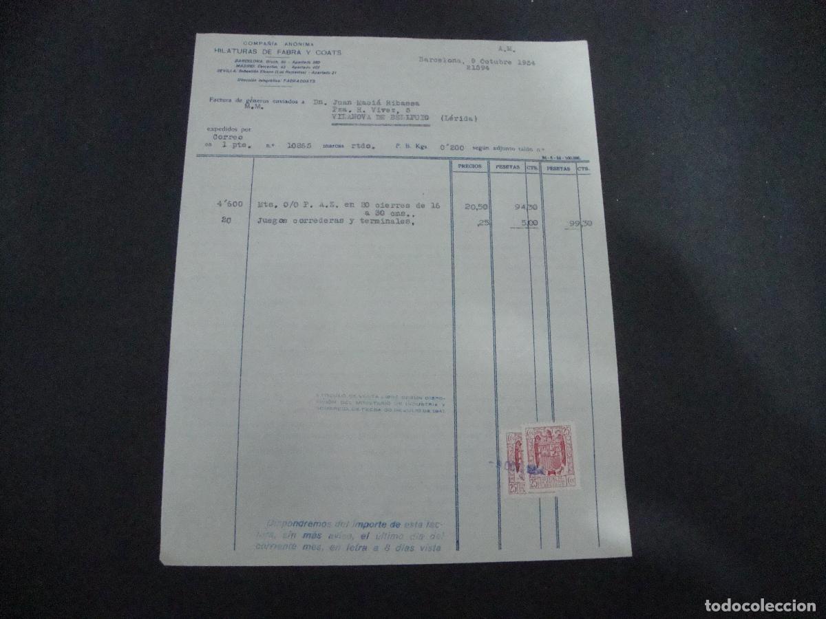 Facturas antiguas: ANTIGUA FACTURA HILATURAS DE FABRA Y COATS BARCELONA 1954
