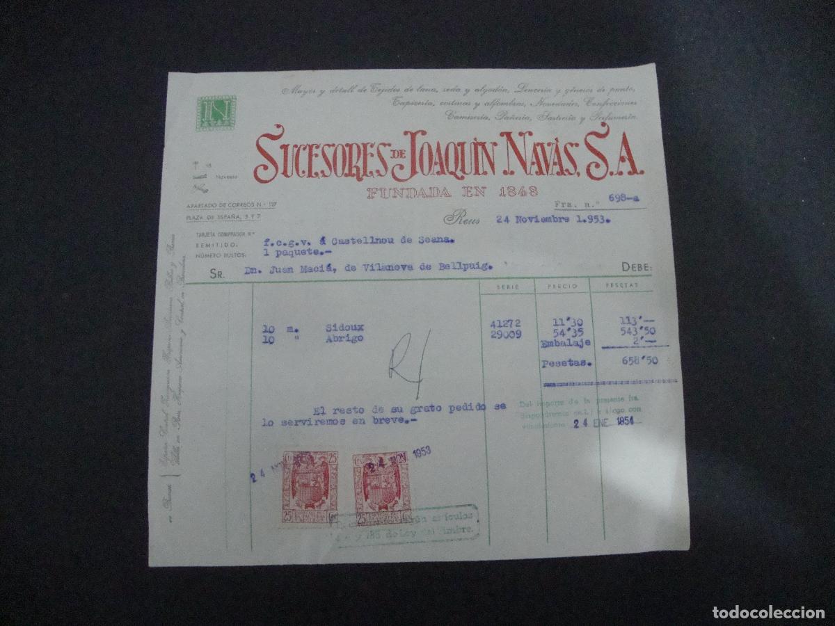 Facturas antiguas: ANTIGUA FACTURA TEJIDOS DE LANA SUCESORES DE JOAQUIN NAVAS SA REUS 1953