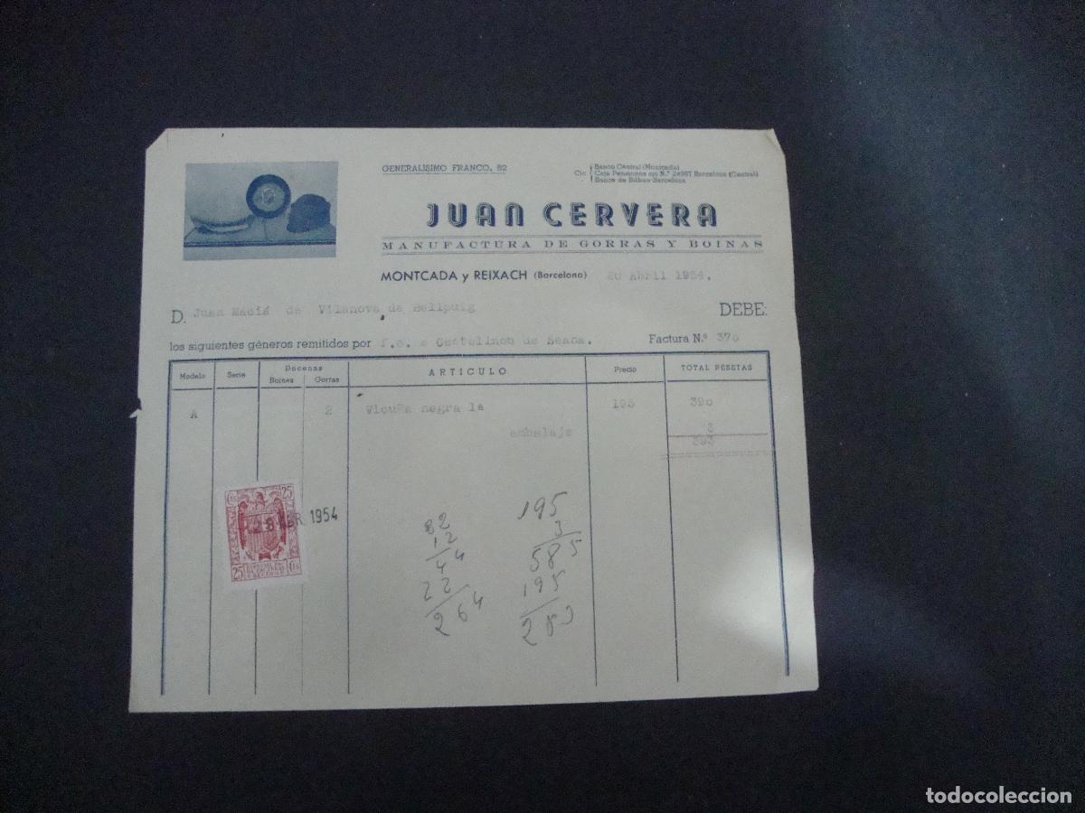 Facturas antiguas: ANTIGUA FACTURA MANUFACTURAS DE GORRAS Y BOINAS JUAN CERVERA MONCADA Y REIXACH 1954