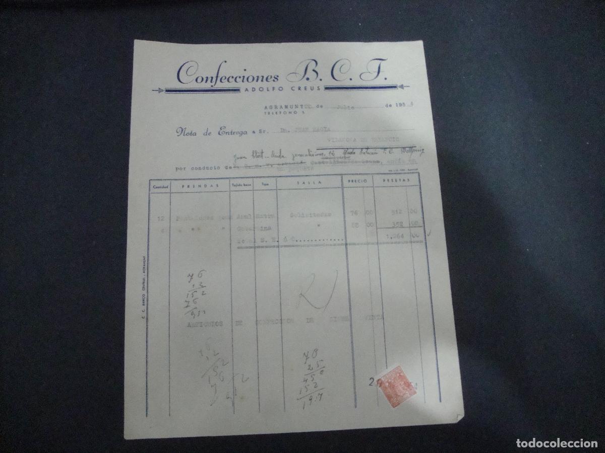 Facturas antiguas: ANTIGUA FACTURA CONFECCIONES B C F ADOLFO CREUS AGRAMUNT 1954