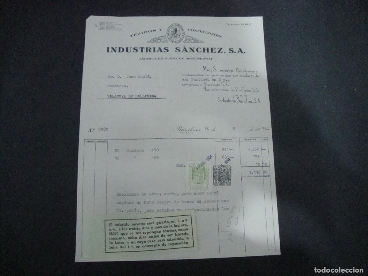 Facturas antiguas: ANTIGUA FACTURA TEJIDOS Y CONFECCIONES INDUSTRIAS SANCHEZ SA BARCELONA 1954
