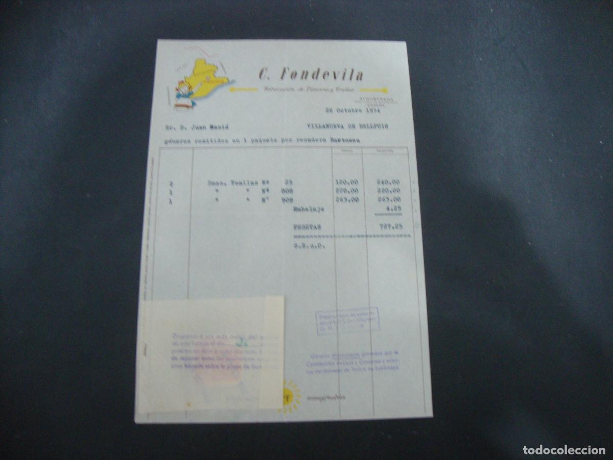 Facturas antiguas: ANTIGUA FACTURA FABRICACION DE VANOVAS Y TOALLAS C. FONTDEVILA AYGUAFREDA BARCELONA 1954