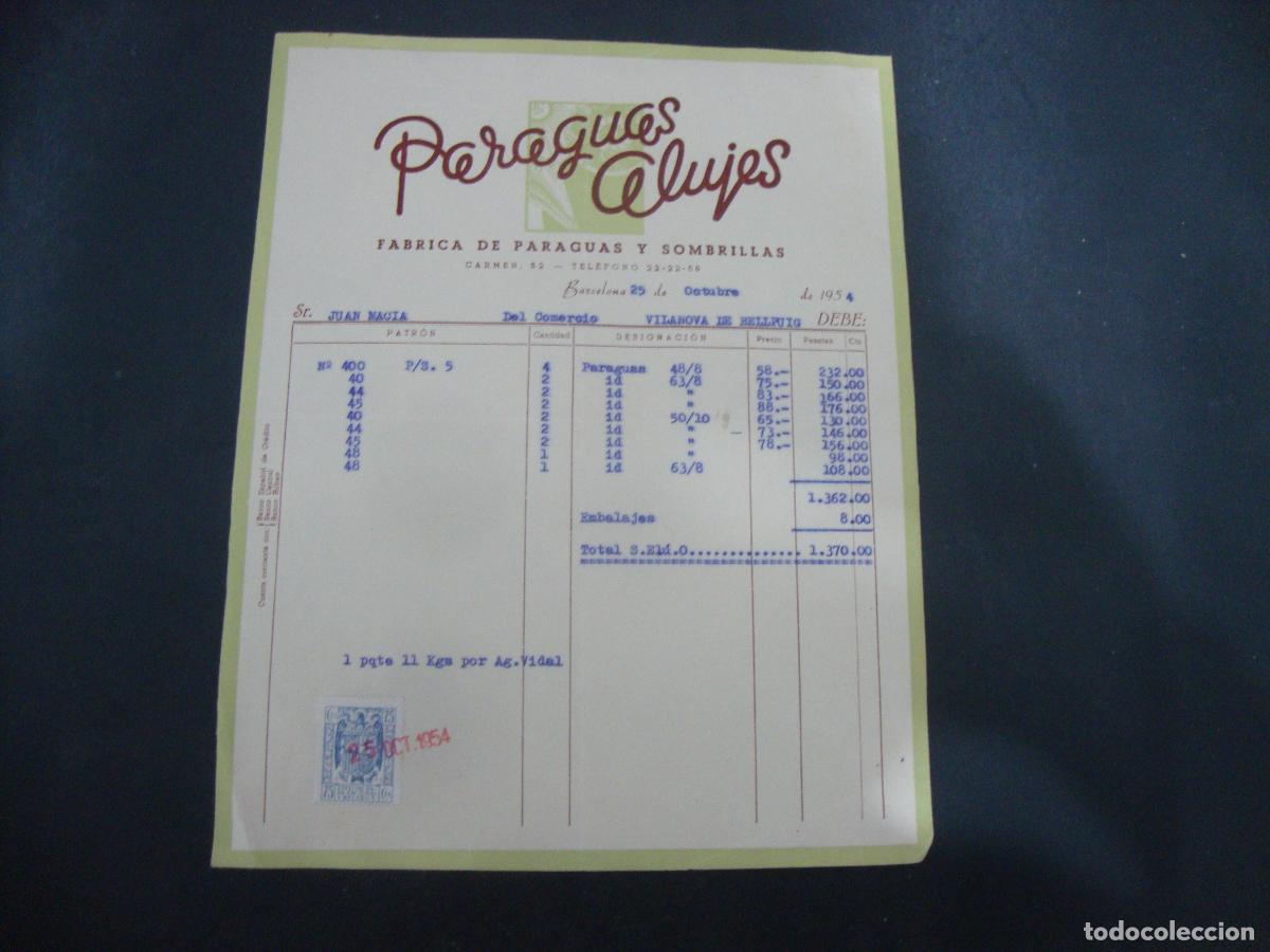 Facturas antiguas: ANTIGUA FACTURA FABRICA DE PARAGUAS Y SOMBRILLAS PARAGUAS ALUJES BARCELONA 1954