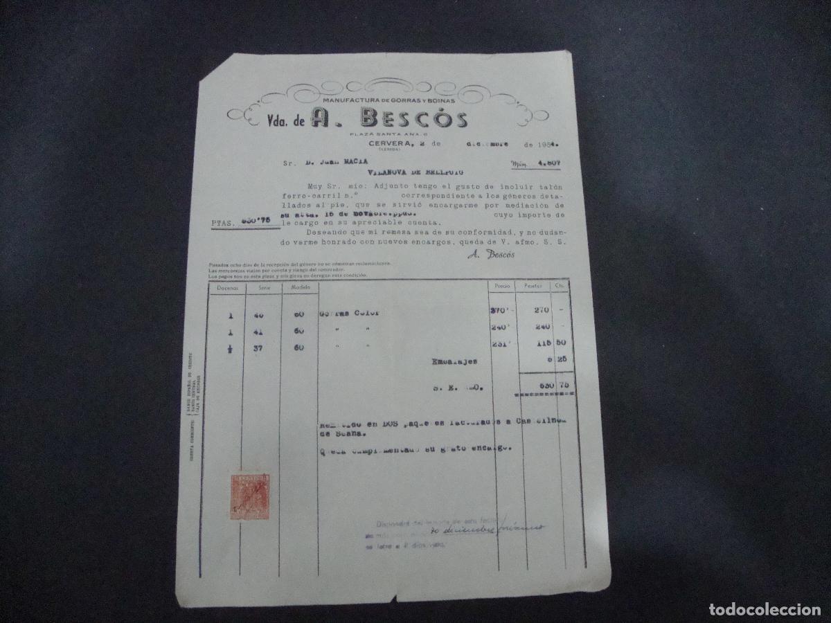 Facturas antiguas: ANTIGUA FACTURA MANUFACTURA DE GORRAS Y BOINAS VDA. DE A. BESCOS CERVERA 1954
