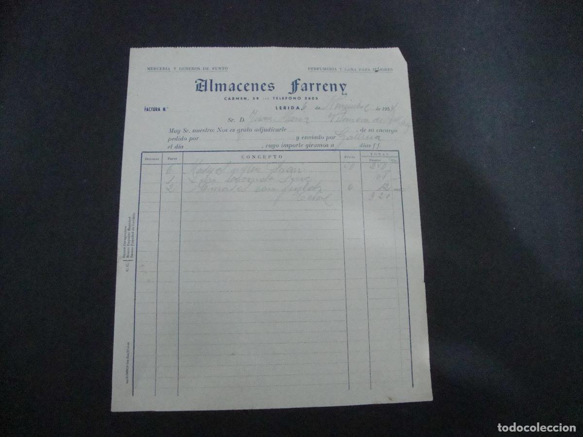Facturas antiguas: ANTIGUA FACTURA MERCERIA Y GENERO DE PUNTO ALMACENES FARRENY LERIDA 1954