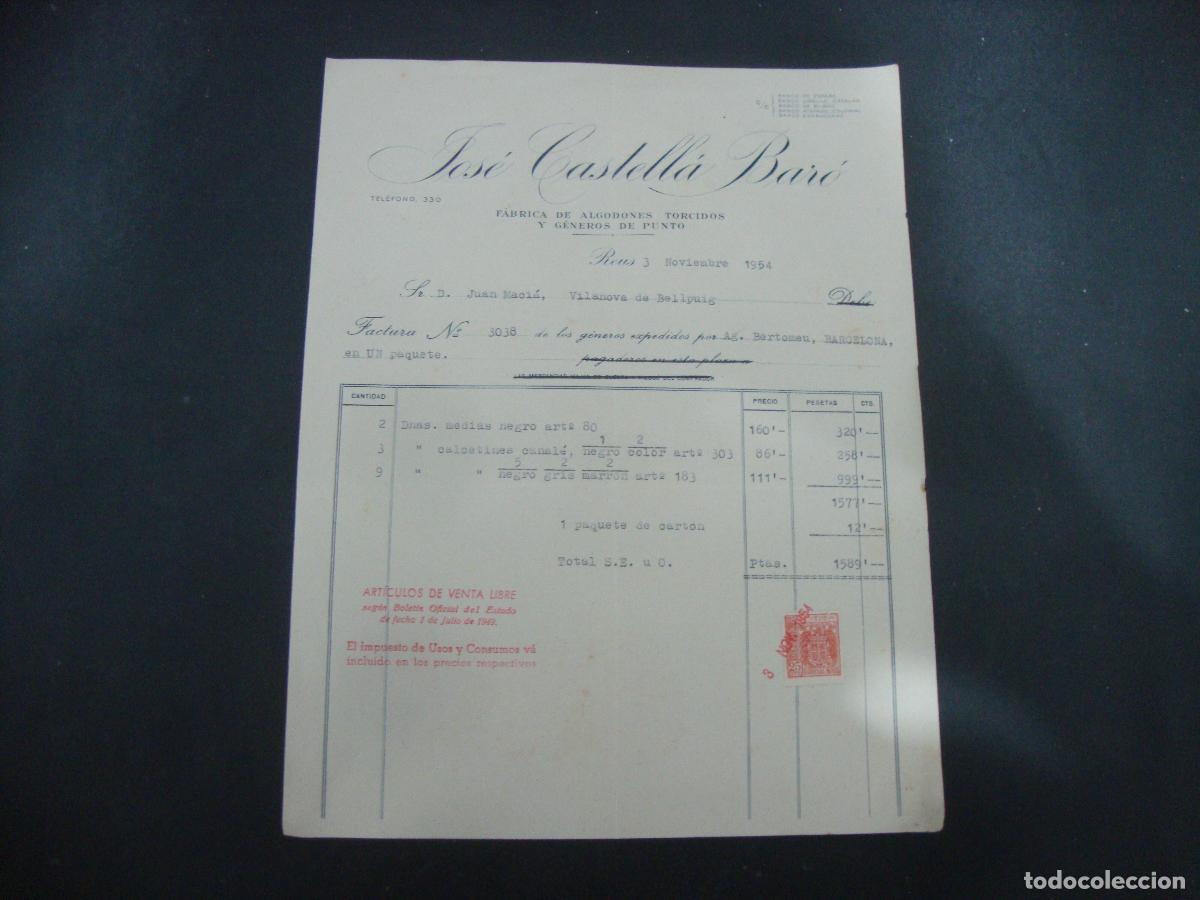 Facturas antiguas: ANTIGUA FACTURA FABRICA DE ALGODONES TORCIDOS JOSE CASTELLA BARO REUS 1954