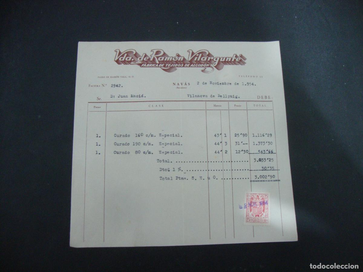 Facturas antiguas: ANTIGUA FACTURA FABRICA DE TEJIDOS DE ALGODON VDA DE RAMON VILARGUNTE NAVAS 1954