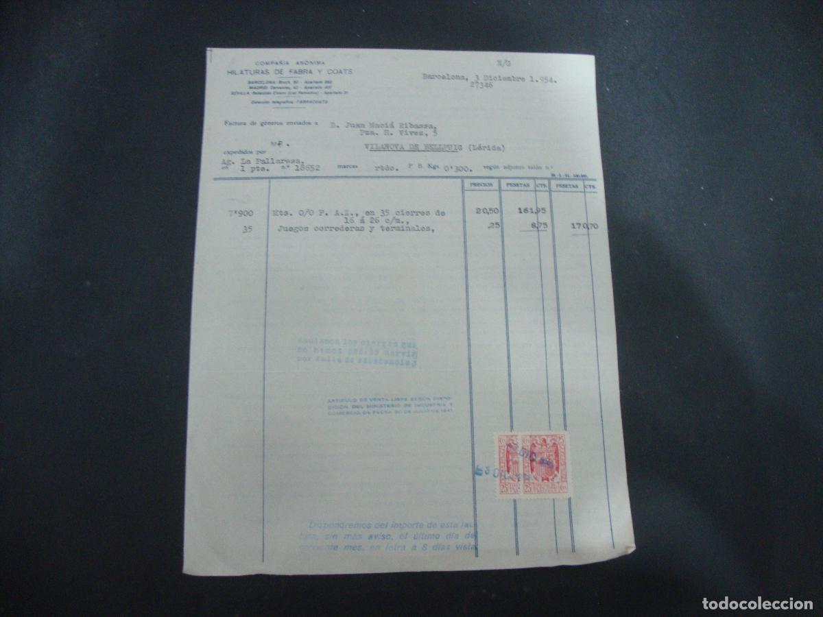Facturas antiguas: ANTIGUA FACTURA HILATURAS DE FABRA Y COATS BARCELONA 1954
