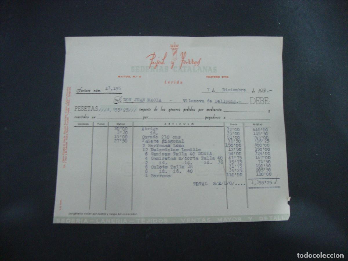 Facturas antiguas: ANTIGUA FACTURA SEDERIAS CATALANAS PUJOL Y TORRES LERIDA 1954