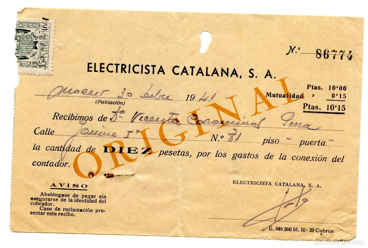 Facturas antiguas: Recibo &rdquo;Electricista Catalana S.A.&rdquo; por gastos de conexi&oacute;n contador. Mollet del Vall&egrave;s, 1941