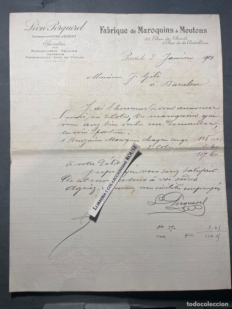 Facturas antiguas: ANTIGUA FACTURA - 1901- LEON PORQUEREL FABRIQUE DE MAROQUINS & MOUTONS - PARIS MANDADA A BARCELONA