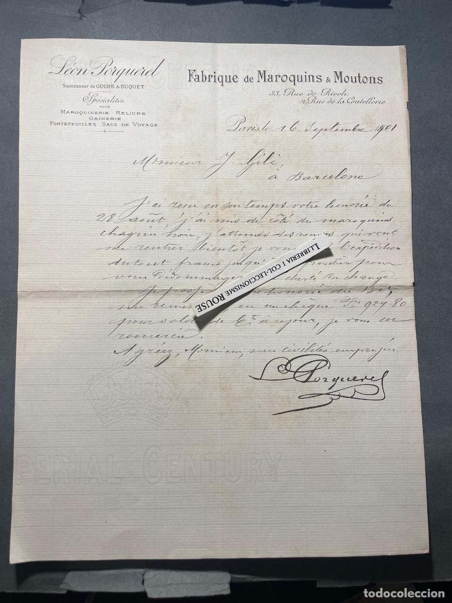 Facturas antiguas: ANTIGUA FACTURA - 1901- LEON PORQUEREL FABRIQUE DE MAROQUINS & MOUTONS - PARIS MANDADA A BARCELONA