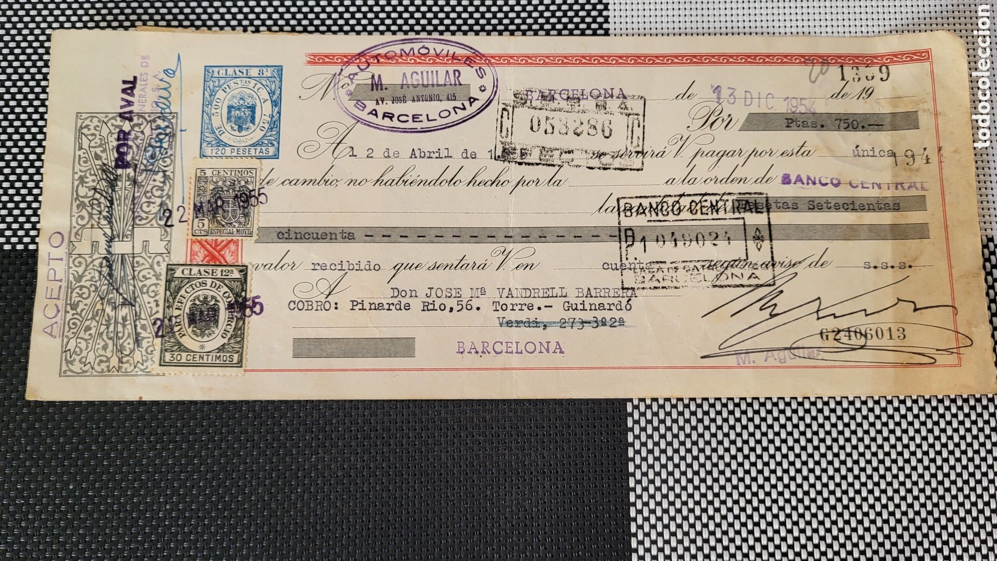 Facturas antiguas: Antiguo recibo autom&oacute;viles Brcelona 1954
