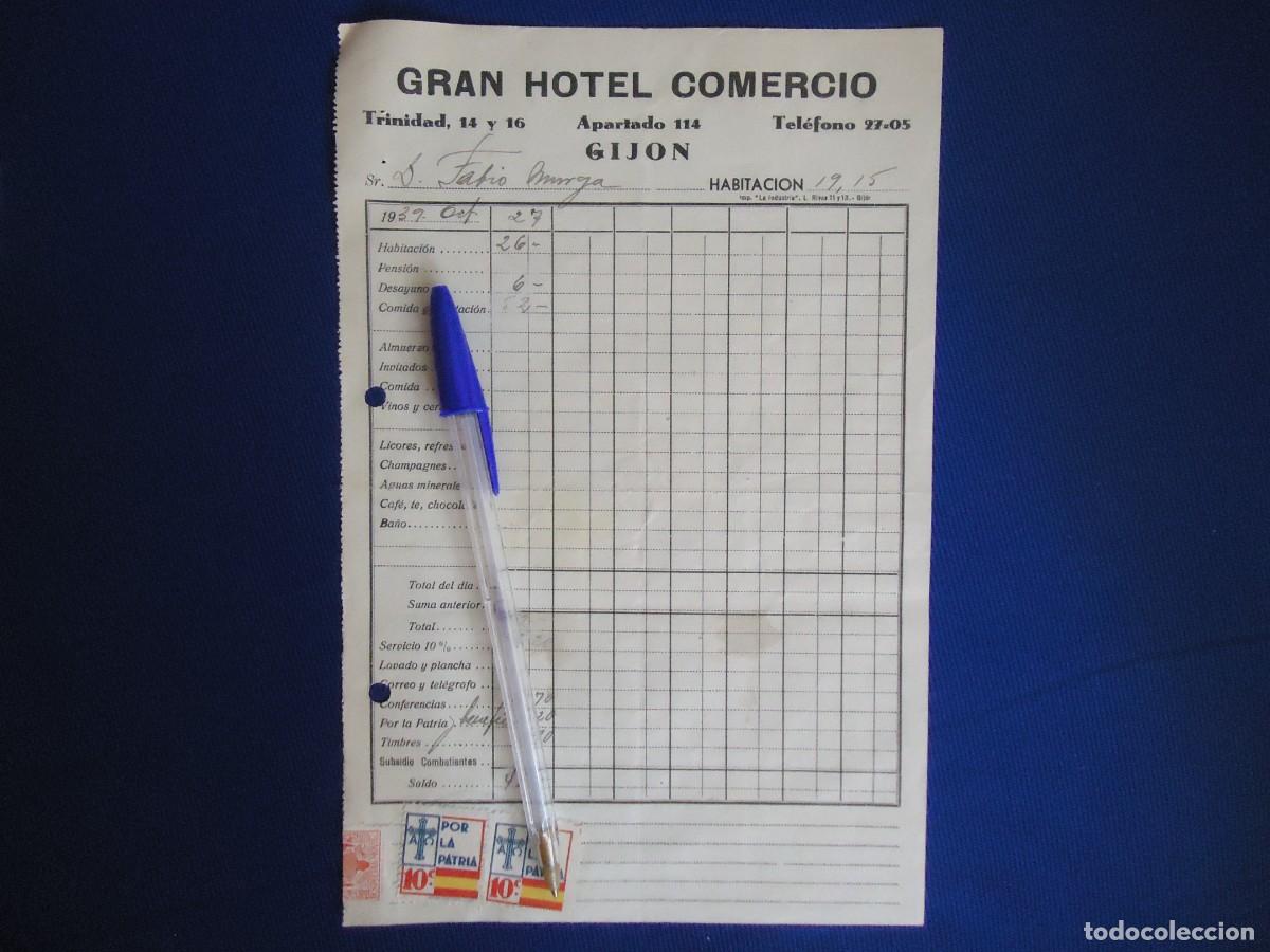 Facturas antiguas: factura hotel comercio 1939 gijon asturias guerra civil espa&ntilde;a sello militar por la patria asturiano