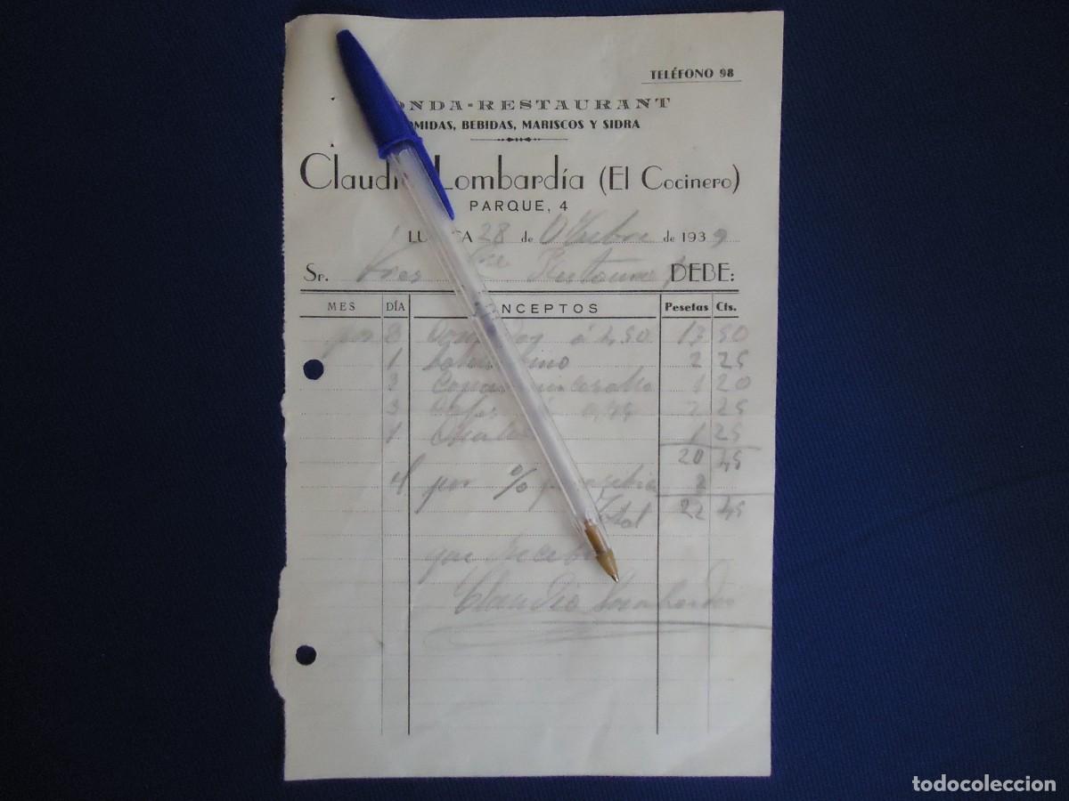 Facturas antiguas: factura 1939 fonda restaurante cocinero claudio lombardia luarca asturias marisco sidra asturiana