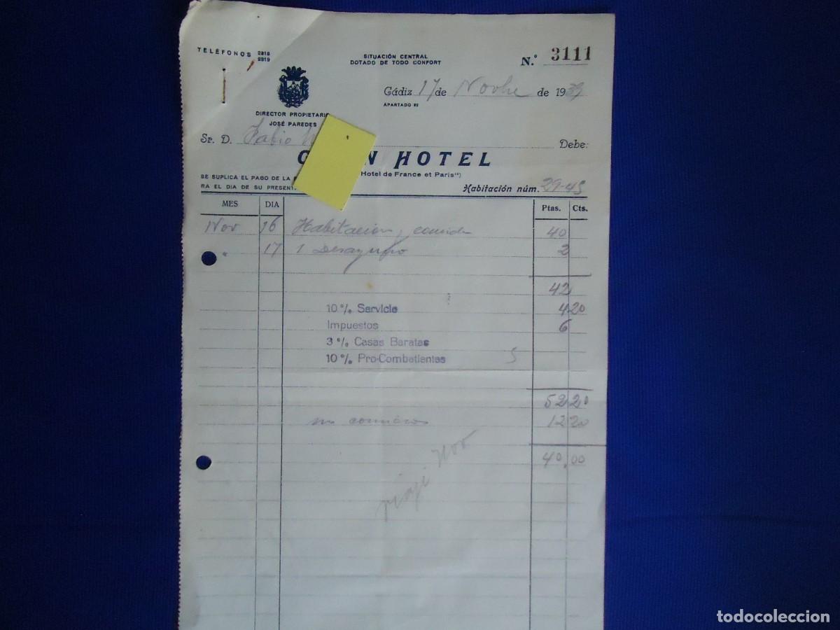 Facturas antiguas: factura 1939 gran hotel cadiz andalucia turismo gaditano andaluz pro combatientes guerra civil