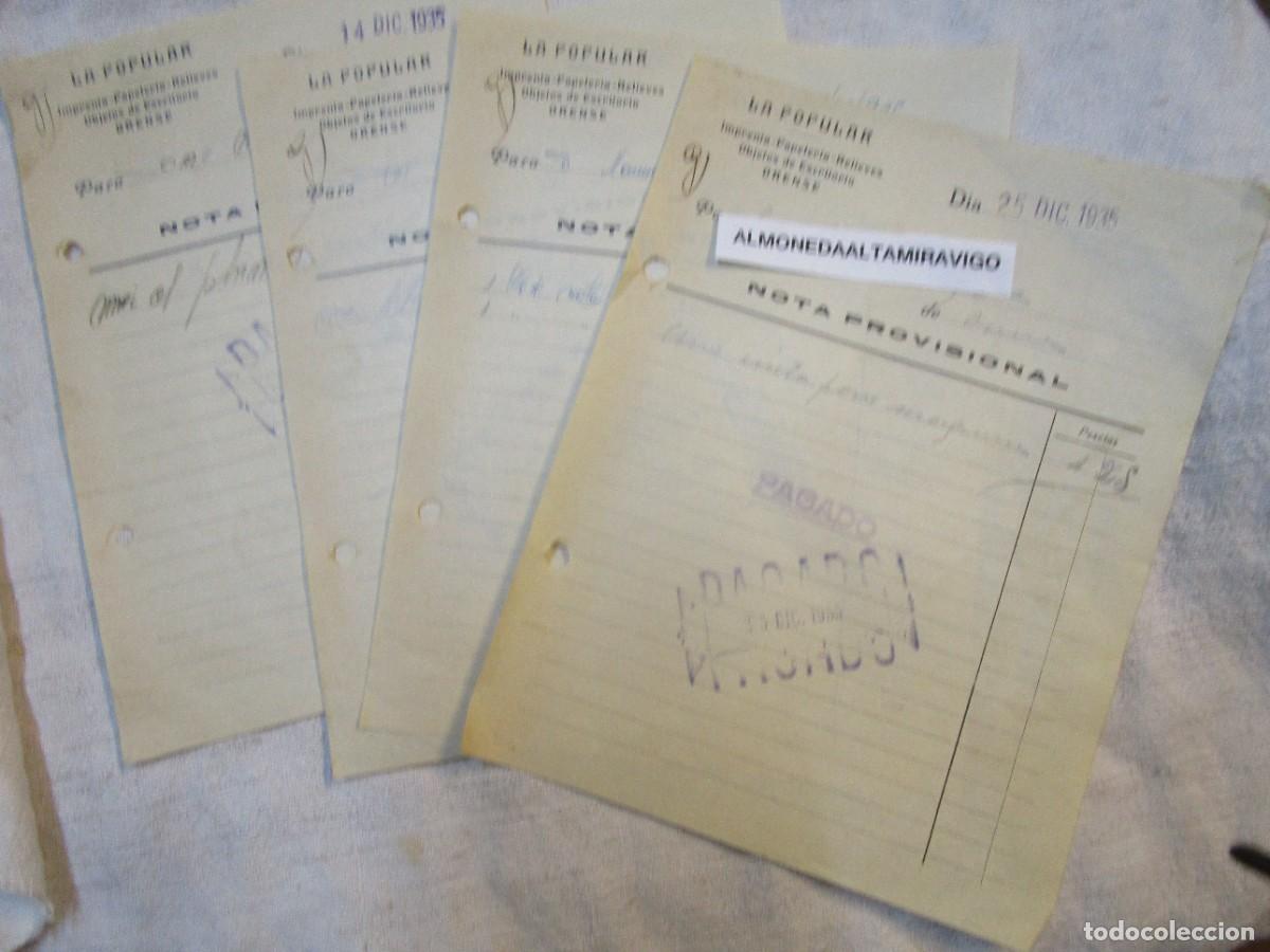 Facturas antiguas: ORENSE DICIEMBRE 1935 - 5 ALBARANES NOMINATIVOS DE &rdquo; PAPELERIA LA POPULAR &rdquo; 1/2 FOLIO.
