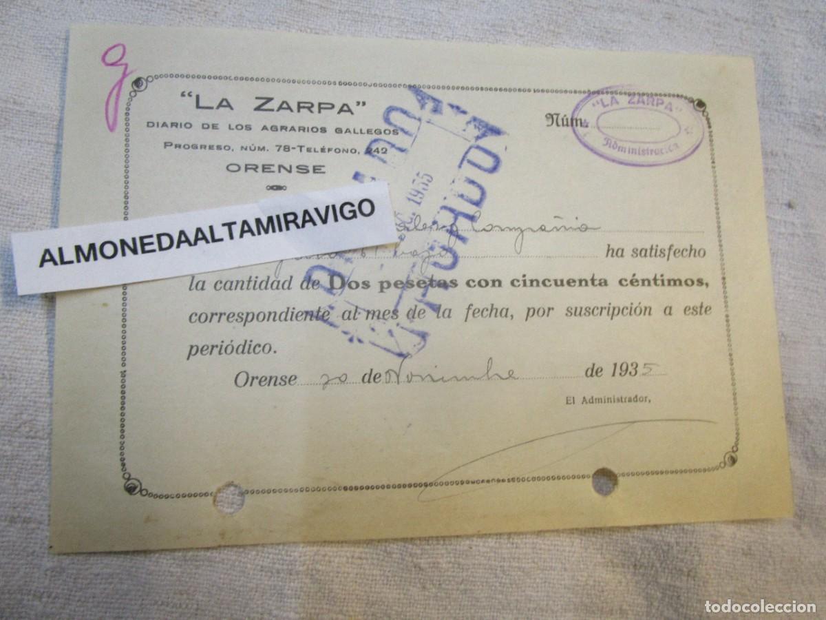Facturas antiguas: ORENSE 1935 - RECIBO NOMINATIVO NOV 1935 SUSCRIPCION DIARIO &rdquo; LA ZARPA &rdquo; DE LOS AGRICULTORES GALLEGO