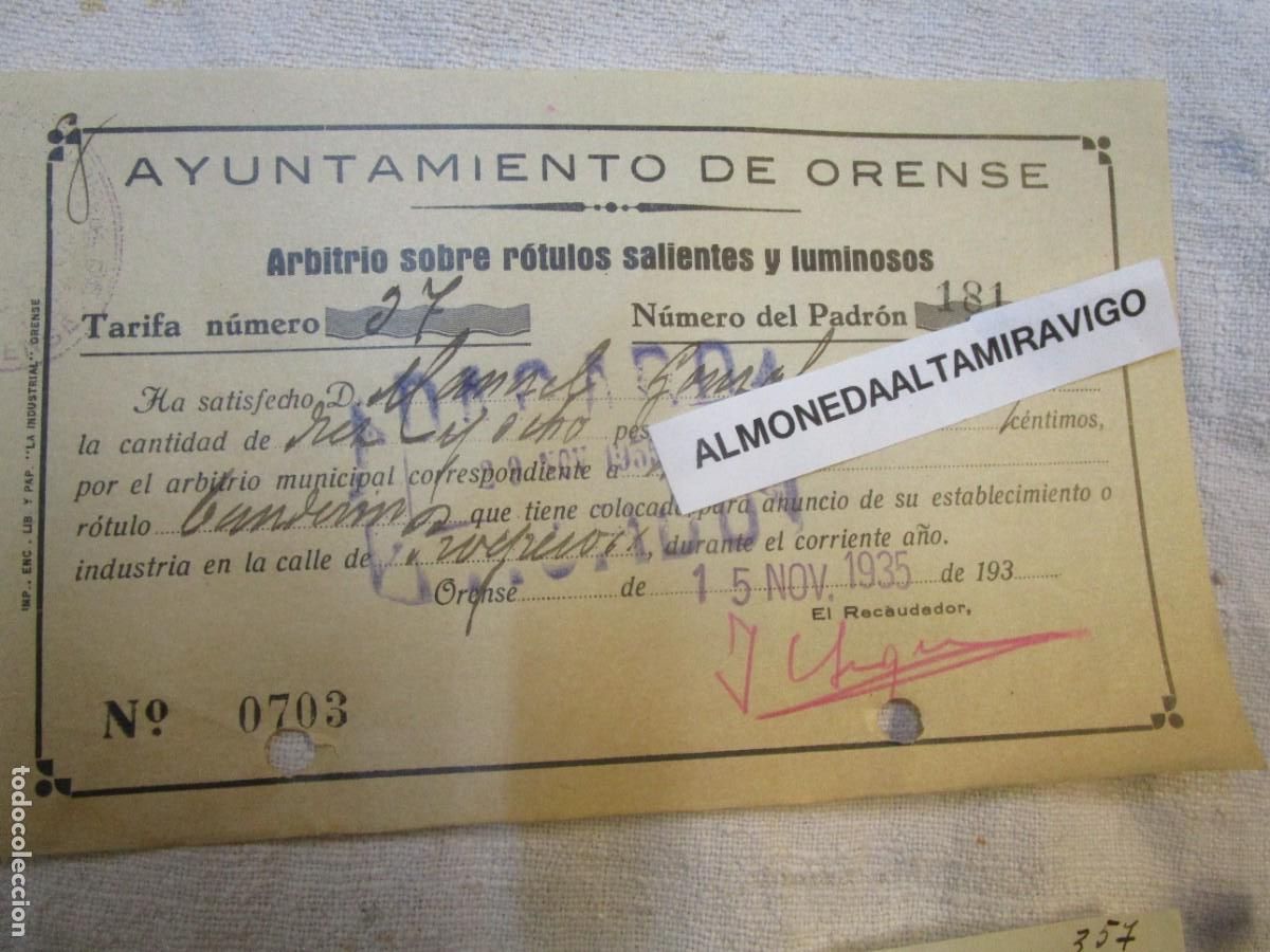 Facturas antiguas: ORENSE - RECIBO NOMINATIVO DE AYTO NOV 1935 &rdquo; ROTULOS Y LUMINOSOS &rdquo; 16X10CM. +