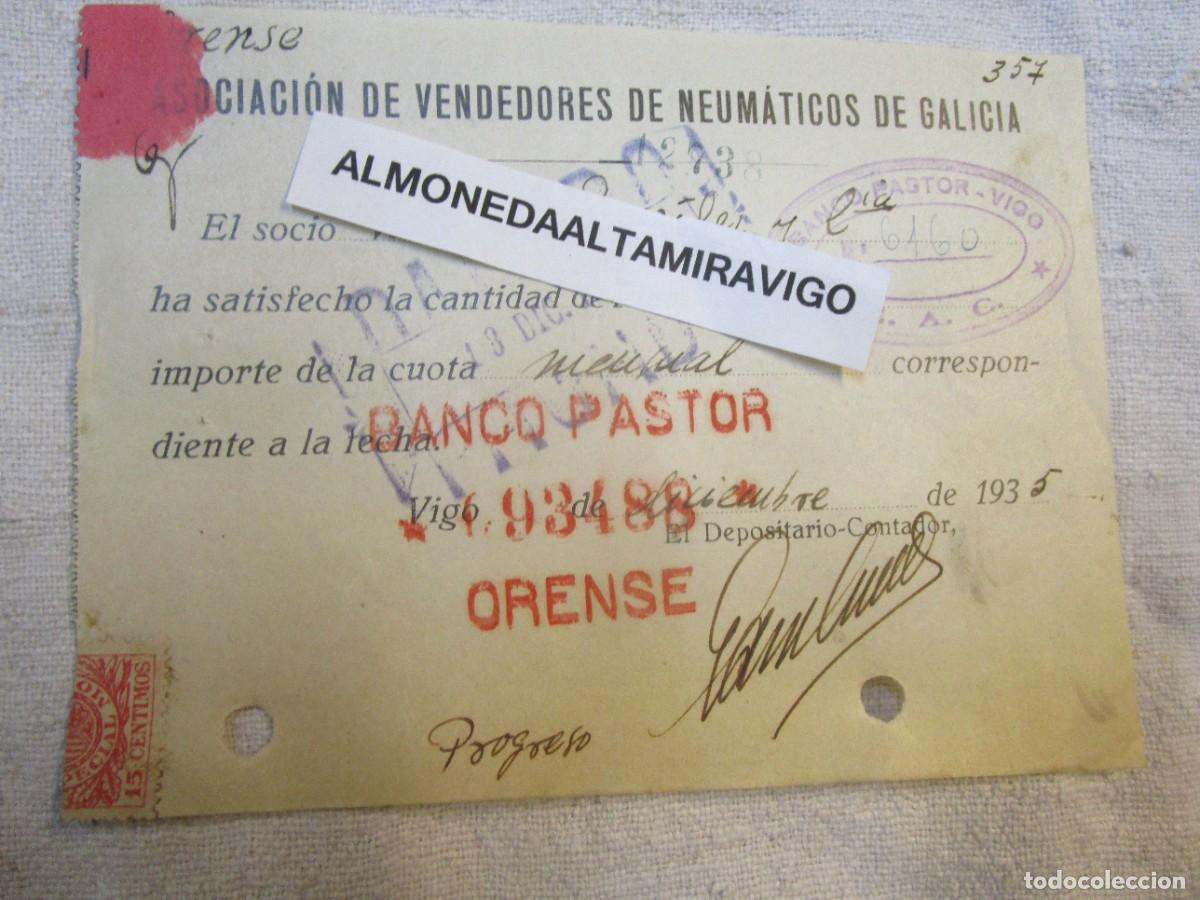 Facturas antiguas: ORENSE - RECIBO NOMINATIVO DIC 1935 DE &rdquo; ASOCIACION VENDEDORES NEUMATICOS &rdquo; 14X10CM. +