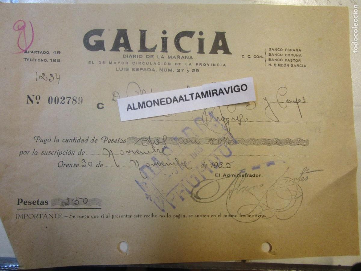 Facturas antiguas: ORENSE 1935 - RECIBO NOMINATIVO NOV 1935 SUSCRIPCION DIARIO &rdquo; GALICIA &rdquo; CALLE LUIS ESPADA 20X15CM. +