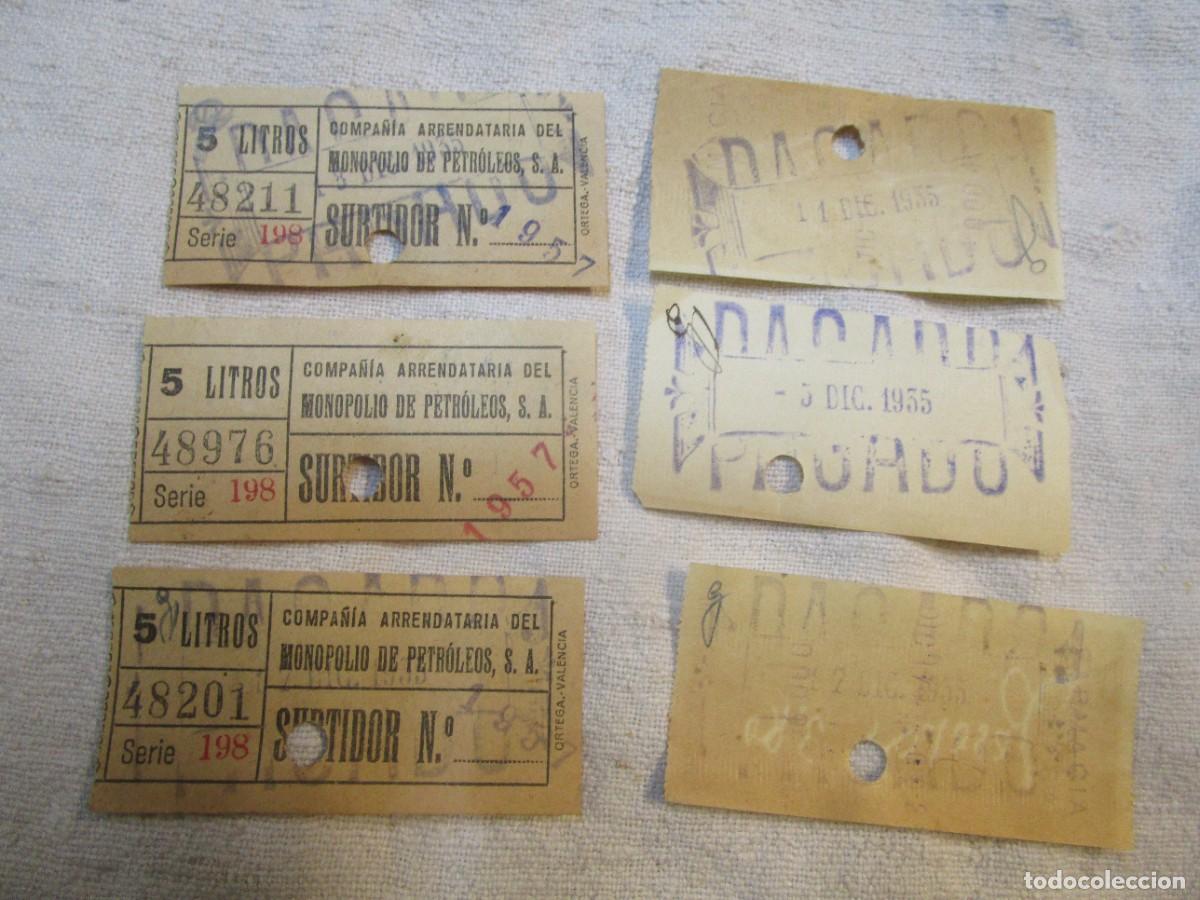 Facturas antiguas: * CAMPSA - 4 RECIBOS VALES POR 5 LITROS GASOLINA ?? - 1957 7X3CM.