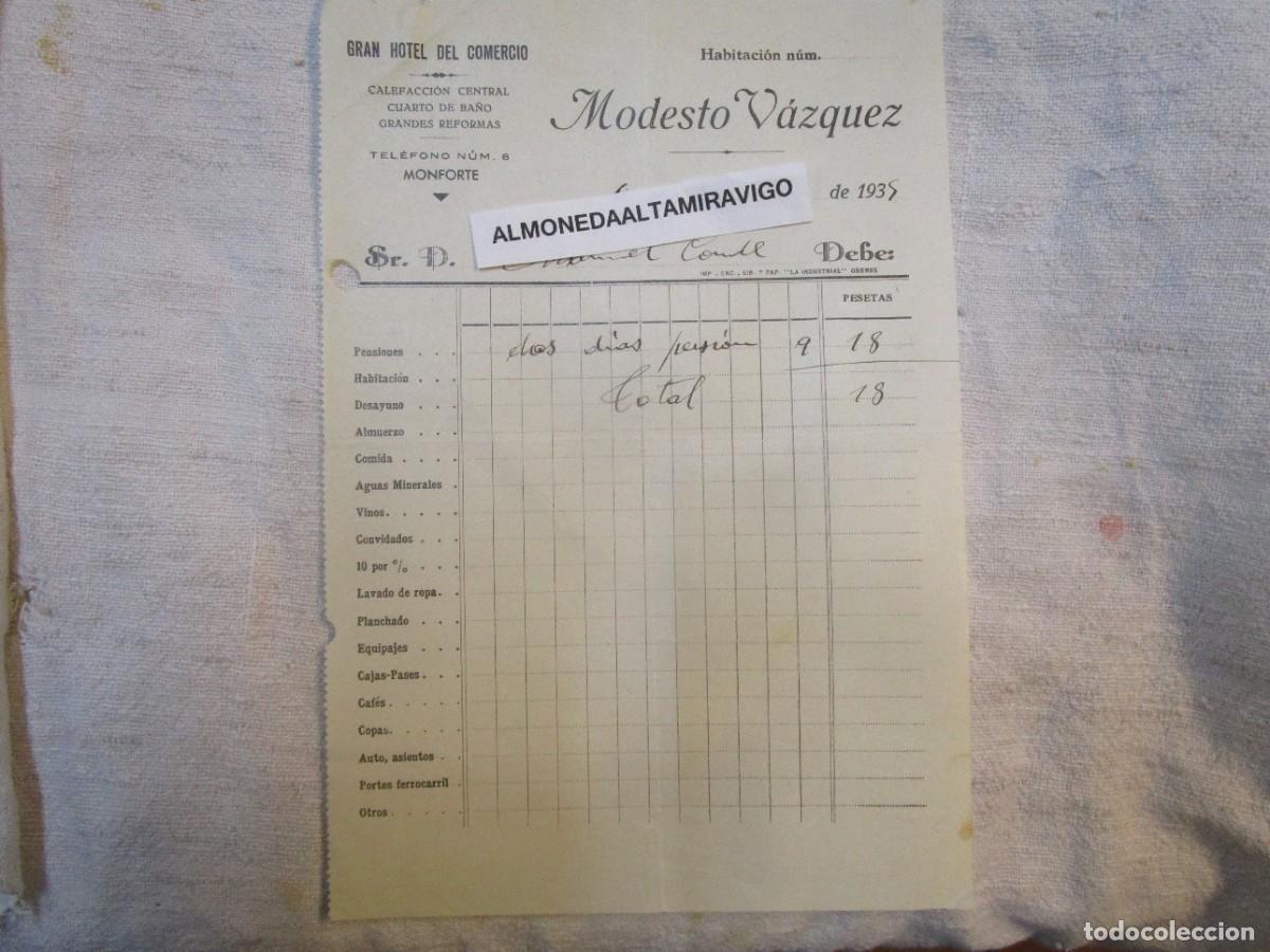 Facturas antiguas: MONFORTE 1935 - FACTURA POR HOSPEDAJE EN &rdquo; GRAN HOTEL DEL COMERCIO &rdquo;.