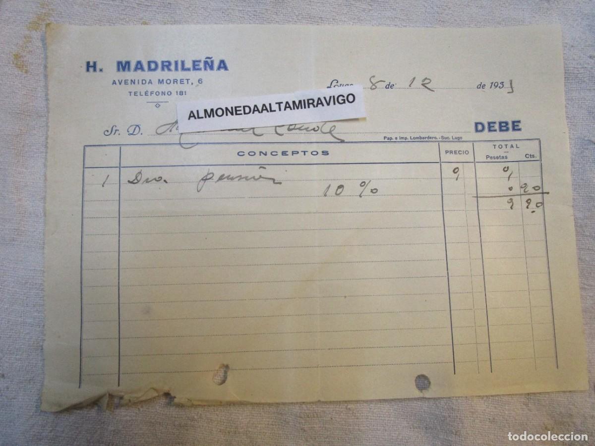 Facturas antiguas: LUGO 1935 - FACTURA POR HOSPEDAJE EN &rdquo; HOTEL MADRILE&Ntilde;A &rdquo; 1/2 FOLIO.