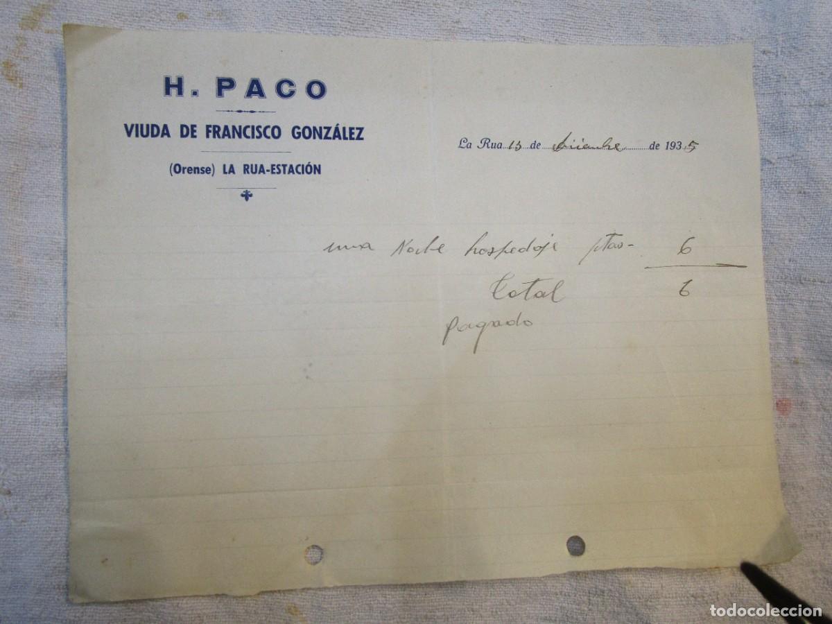 Facturas antiguas: ORENSE 1935 - FACTURA POR HOSPEDAJE EN &rdquo; HOTEL PACO &rdquo; EN RUA ESTACION 1/2 FOLIO.