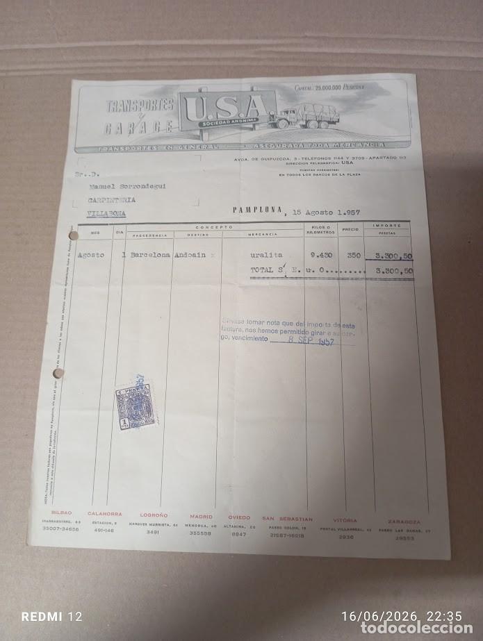 Facturas antiguas: FACTURA TRANSPORTES Y GARAJE USA / PAMPLONA NAVARRA 1957
