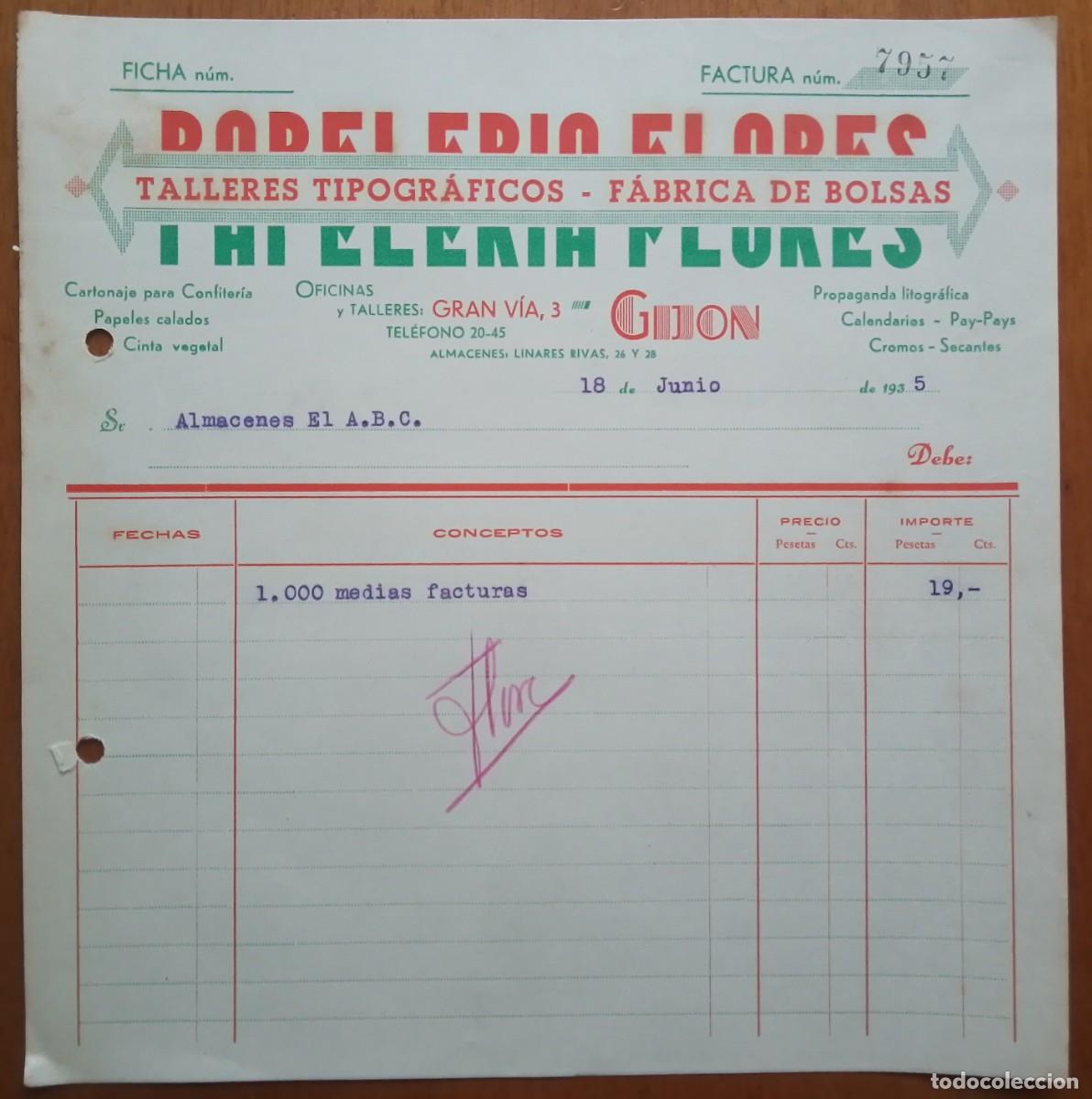Facturas antiguas: ASTURIAS. Factura de talleres tipogr&aacute;ficos y f&aacute;brica de bolsas Papeler&iacute;a Flores. Gij&oacute;n . 1935
