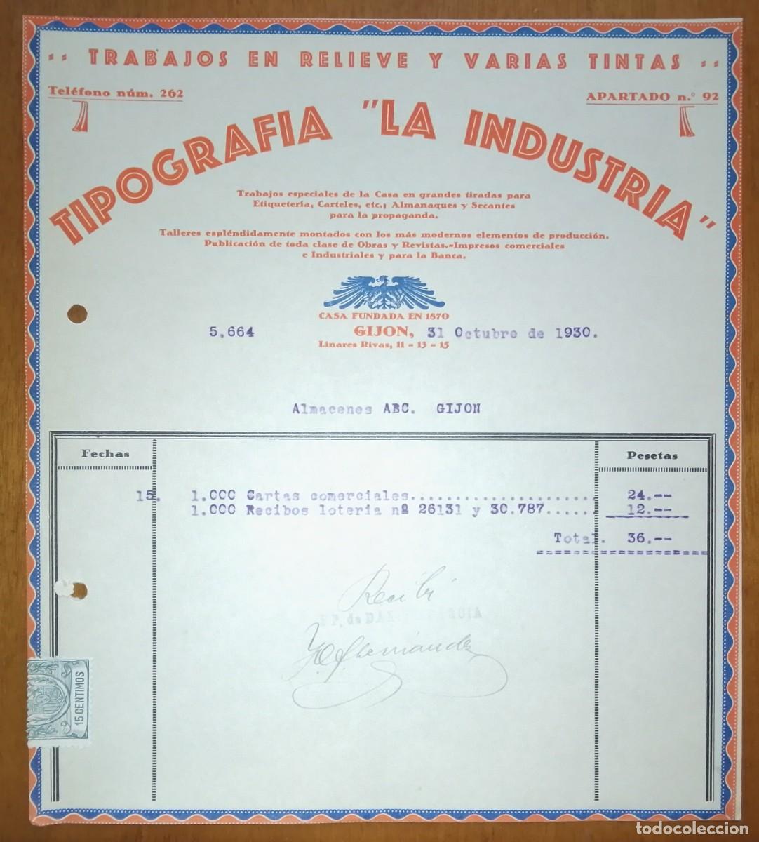 Facturas antiguas: ASTURIAS. Factura de tipograf&iacute;a La Industria. Gij&oacute;n. 1930