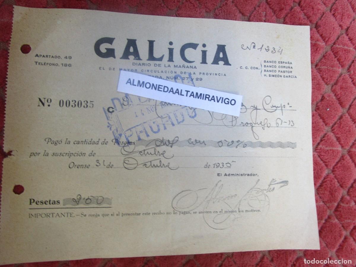Facturas antiguas: ORENSE 1935 - RECIBO NOMINATIVO NOV 1935 SUSCRIPCION DIARIO &rdquo; GALICIA &rdquo; CALLE LUIS ESPADA 20X15CM. +