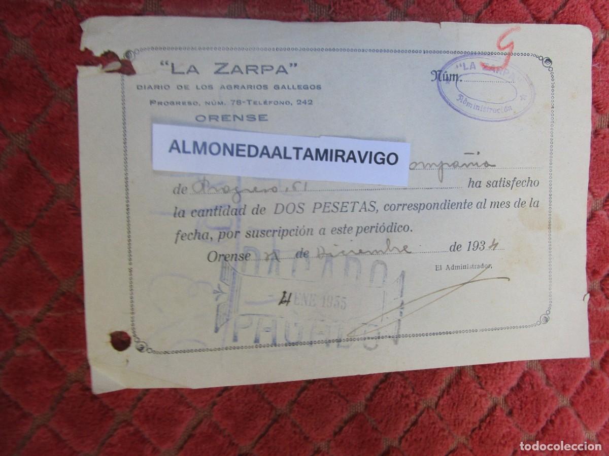 Facturas antiguas: ORENSE 1935 - RECIBO NOMINATIVO NOV 1935 SUSCRIPCION DIARIO &rdquo; LA ZARPA &rdquo; DE LOS AGRICULTORES GALLEGO