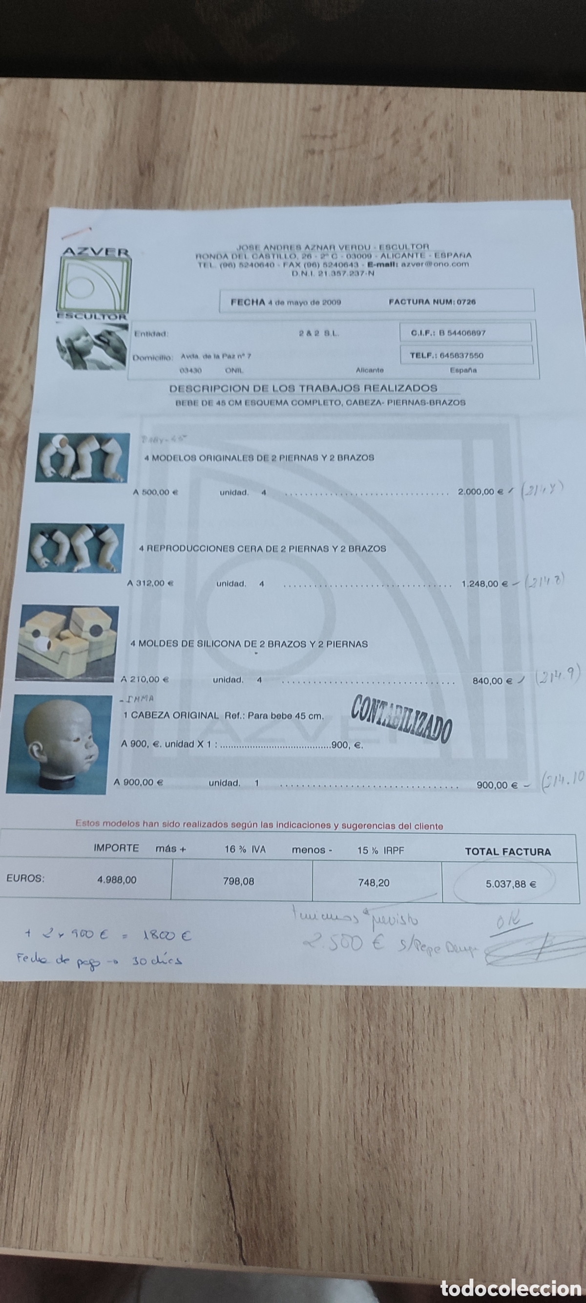 Facturas antiguas: Factura de escultor para la fabrica de mu&ntilde;ecas 2&2, Berenguer, Berjusa. Mu&ntilde;ecas moldes