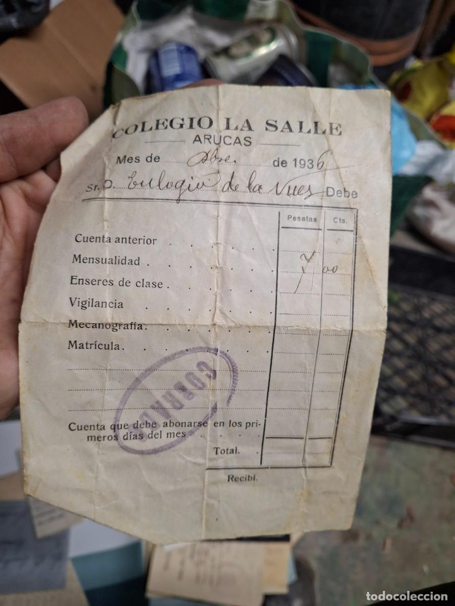 Facturas antiguas: Antigua factura cobro mensualidad Colegio La Salle Arucas 1936