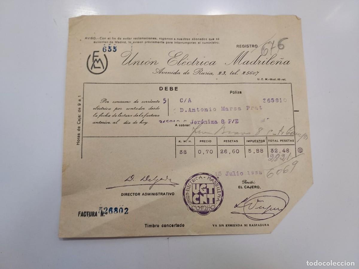 Facturas antiguas: FACTURA A&Ntilde;O 1938 MADRID UNION ELECTRICA MADRILE&Ntilde;A AVENIDA RUSIA. SELLO COMIT&Eacute; UGT CNT (GUERRA CIVIL)