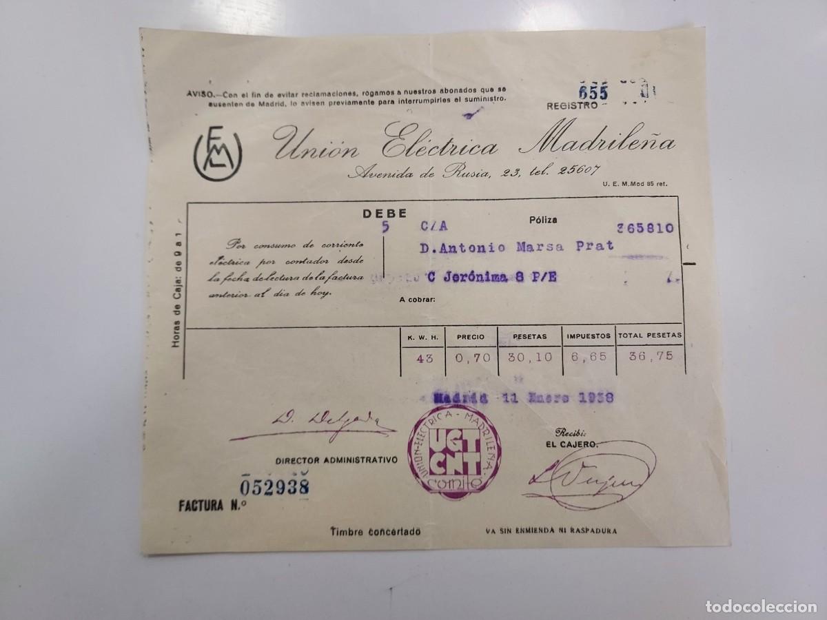 Facturas antiguas: FACTURA A&Ntilde;O 1938 MADRID UNION ELECTRICA MADRILE&Ntilde;A AVENIDA RUSIA. SELLO COMIT&Eacute; UGT CNT (GUERRA CIVIL)