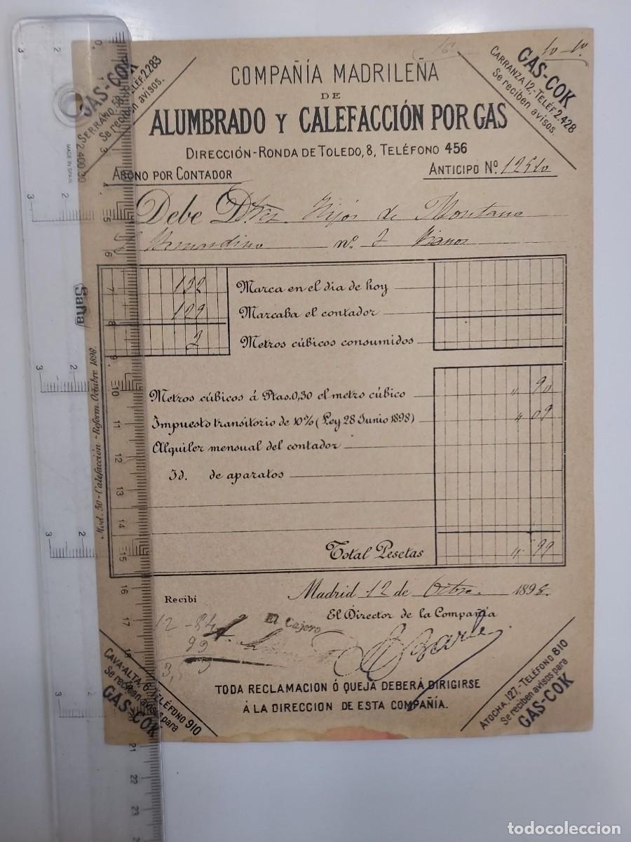 Facturas antiguas: FACTURA A&Ntilde;O 1998 MADRID GAS-COK COMPA&Ntilde;IA MADRILE&Ntilde;A ALUMBRADO CALEFACCION GAS. VIUDA HIJOS MONTANO