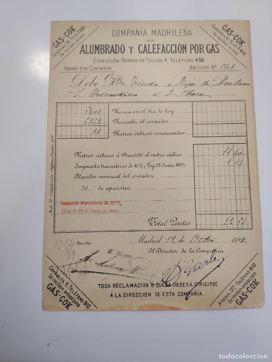 Facturas antiguas: FACTURA A&Ntilde;O 1998 MADRID GAS-COK COMPA&Ntilde;IA MADRILE&Ntilde;A ALUMBRADO CALEFACCION GAS. VIUDA HIJOS MONTANO