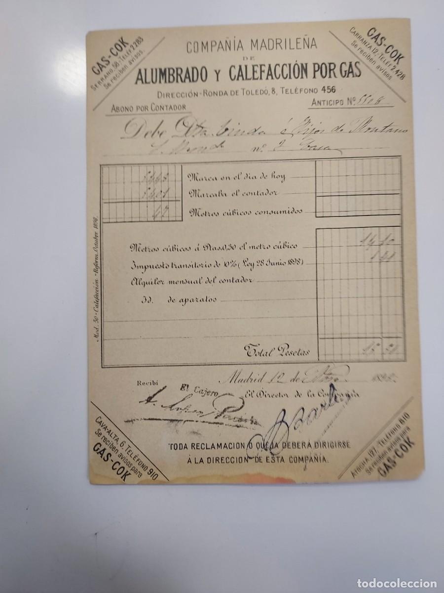 Facturas antiguas: FACTURA A&Ntilde;O 1998 MADRID GAS-COK COMPA&Ntilde;IA MADRILE&Ntilde;A ALUMBRADO CALEFACCION GAS. VIUDA HIJOS MONTANO