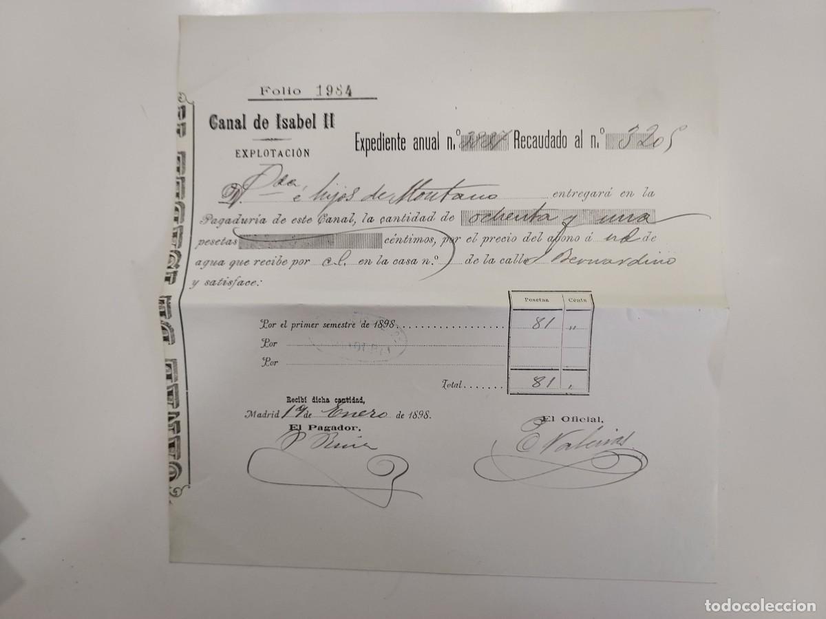 Facturas antiguas: FACTURA A&Ntilde;O 1998 MADRID CANAL DE ISABEL II. VDA E HIJOS DE MONTANO CALLE SAN BERNARDINO