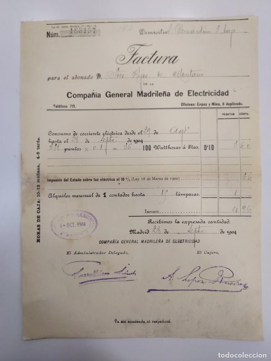 Facturas antiguas: FACTURA A&Ntilde;O 1904 MADRID COMPA&Ntilde;IA GENERAL MADRILE&Ntilde;A ELECTRICIDAD. HIJOS DE MONTANO SAN BERNARDINO