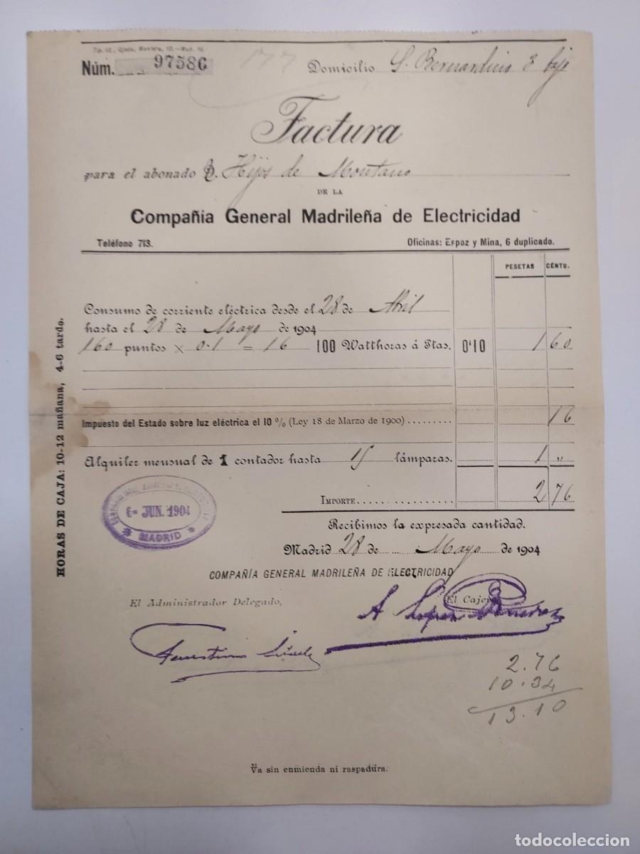 Facturas antiguas: FACTURA A&Ntilde;O 1904 MADRID COMPA&Ntilde;IA GENERAL MADRILE&Ntilde;A ELECTRICIDAD. HIJOS DE MONTANO SAN BERNARDINO