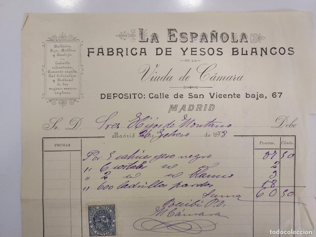 Facturas antiguas: FACTURA A&Ntilde;O 1898 MADRID LA ESPA&Ntilde;OLA FABRICA DE YESOS BLANCOS VIUDA DE CAMARA. HIJOS DE MONTANO