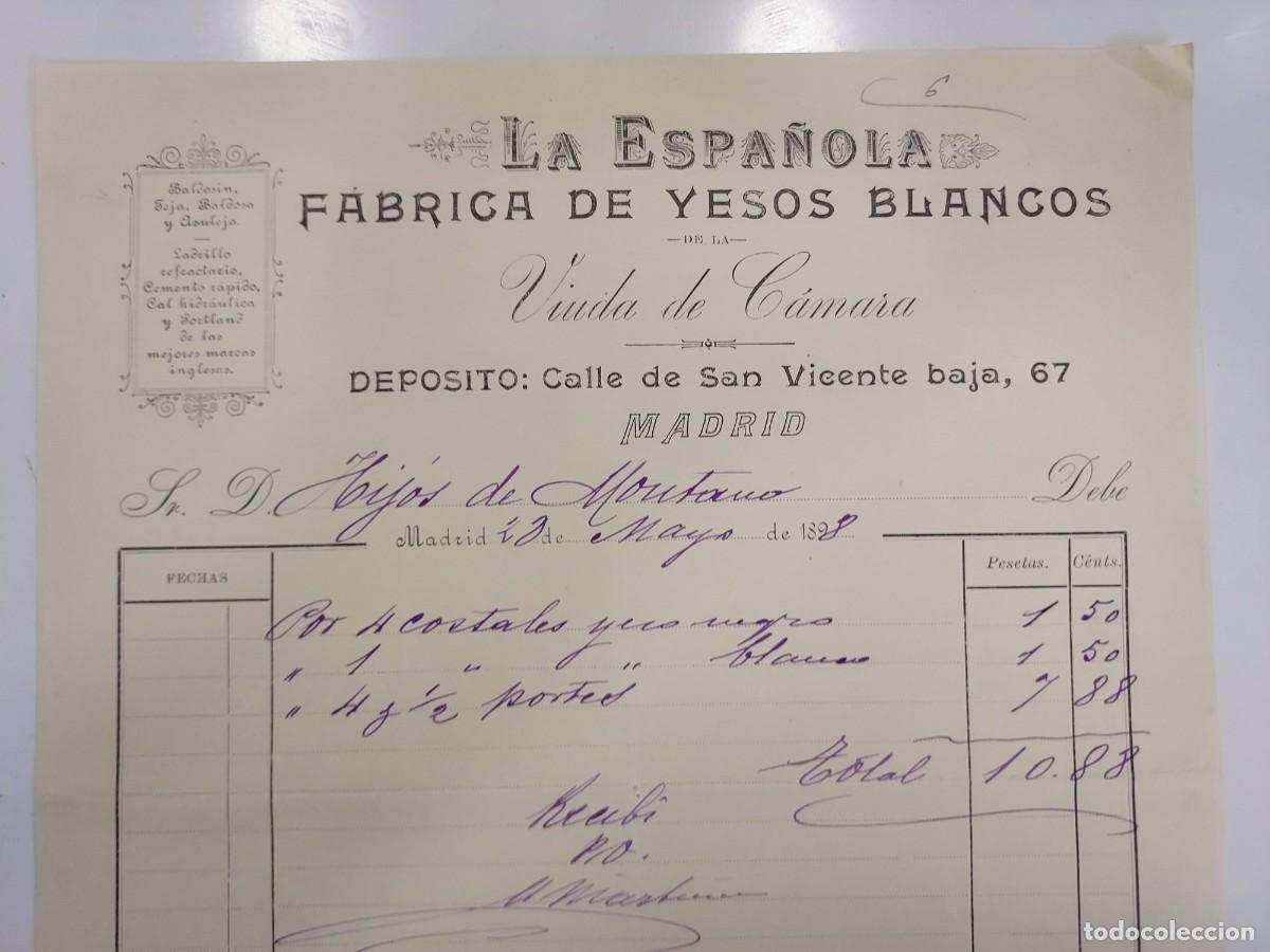 Facturas antiguas: FACTURA A&Ntilde;O 1898 MADRID LA ESPA&Ntilde;OLA FABRICA DE YESOS BLANCOS VIUDA DE CAMARA. HIJOS DE MONTANO