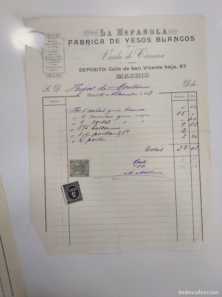 Facturas antiguas: FACTURA A&Ntilde;O 1898 MADRID LA ESPA&Ntilde;OLA FABRICA YESOS BLANCOS TIMBRE MOVIL IMPTO GUERRA. HIJOS MONTANO