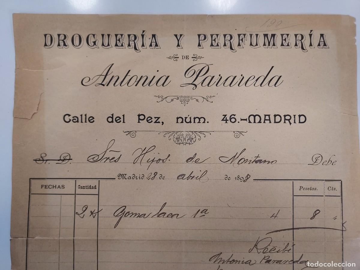 Facturas antiguas: FACTURA A&Ntilde;O 1898 MADRID DROGUERIA Y PERFUMERIA ANTONIA PARAREDA CALLE DEL PEZ. HIJOS DE MONTANO