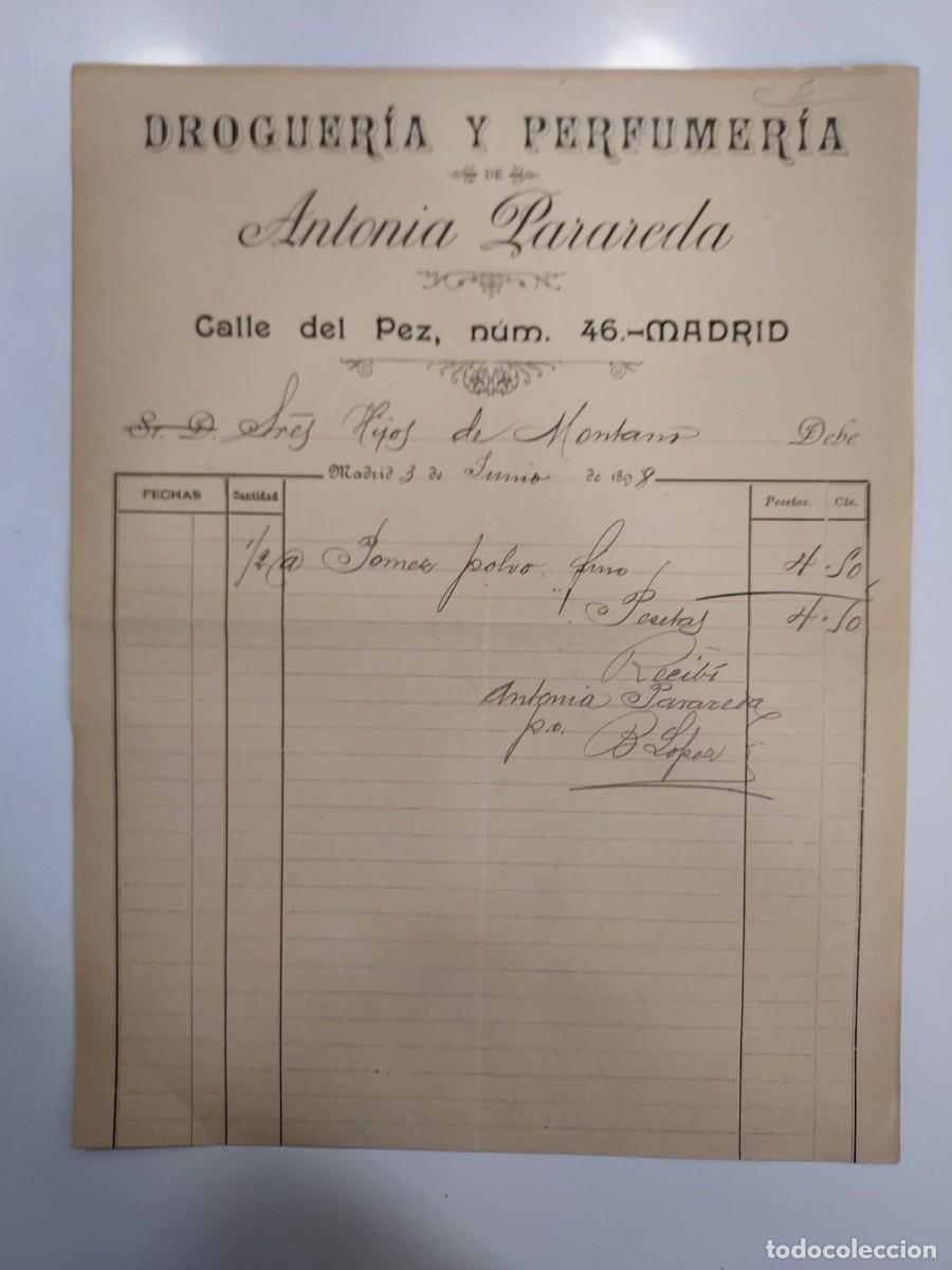 Facturas antiguas: FACTURA A&Ntilde;O 1898 MADRID DROGUERIA Y PERFUMERIA ANTONIA PARAREDA CALLE DEL PEZ. HIJOS DE MONTANO