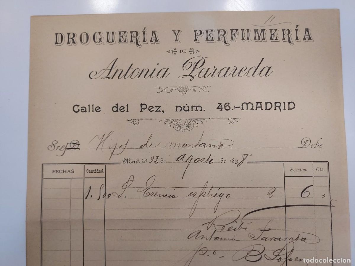 Facturas antiguas: FACTURA A&Ntilde;O 1898 MADRID DROGUERIA Y PERFUMERIA ANTONIA PARAREDA CALLE DEL PEZ. HIJOS DE MONTANO